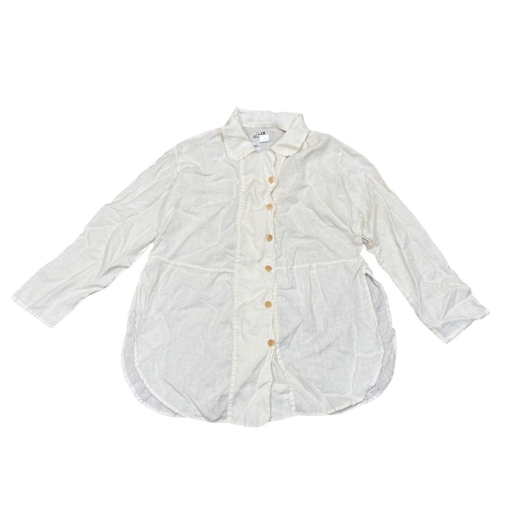 Flax by Jeanne Engelhart Cream Ivory Linen Tunic Top Button Down Shirt Small S